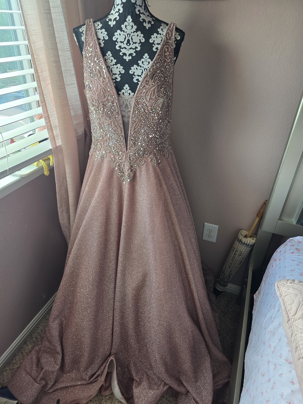 Coya Rose Gold Beaded Deep V Prom Gown